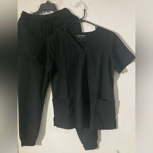 Mandala S Womens Scrub Set Black Equa-Tek Jogger Pants V Neck Top Medical Wear